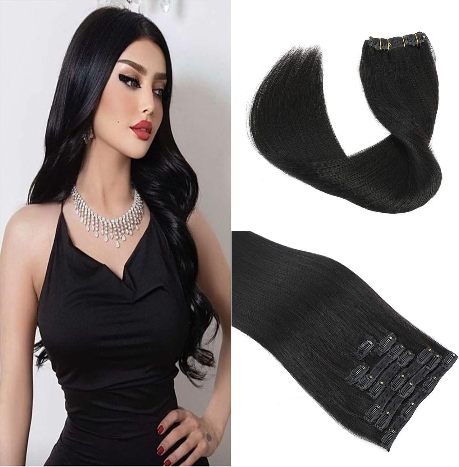 18'' Double Weft Clip in Hair Extensions Real Human Hair Full Head 8 Pieces 100g Silky Straight -100% Real Remy Human Hair Lace Weft Clip in Human Hair Extensions (18 Inch 100g, #1B Natural Black)
