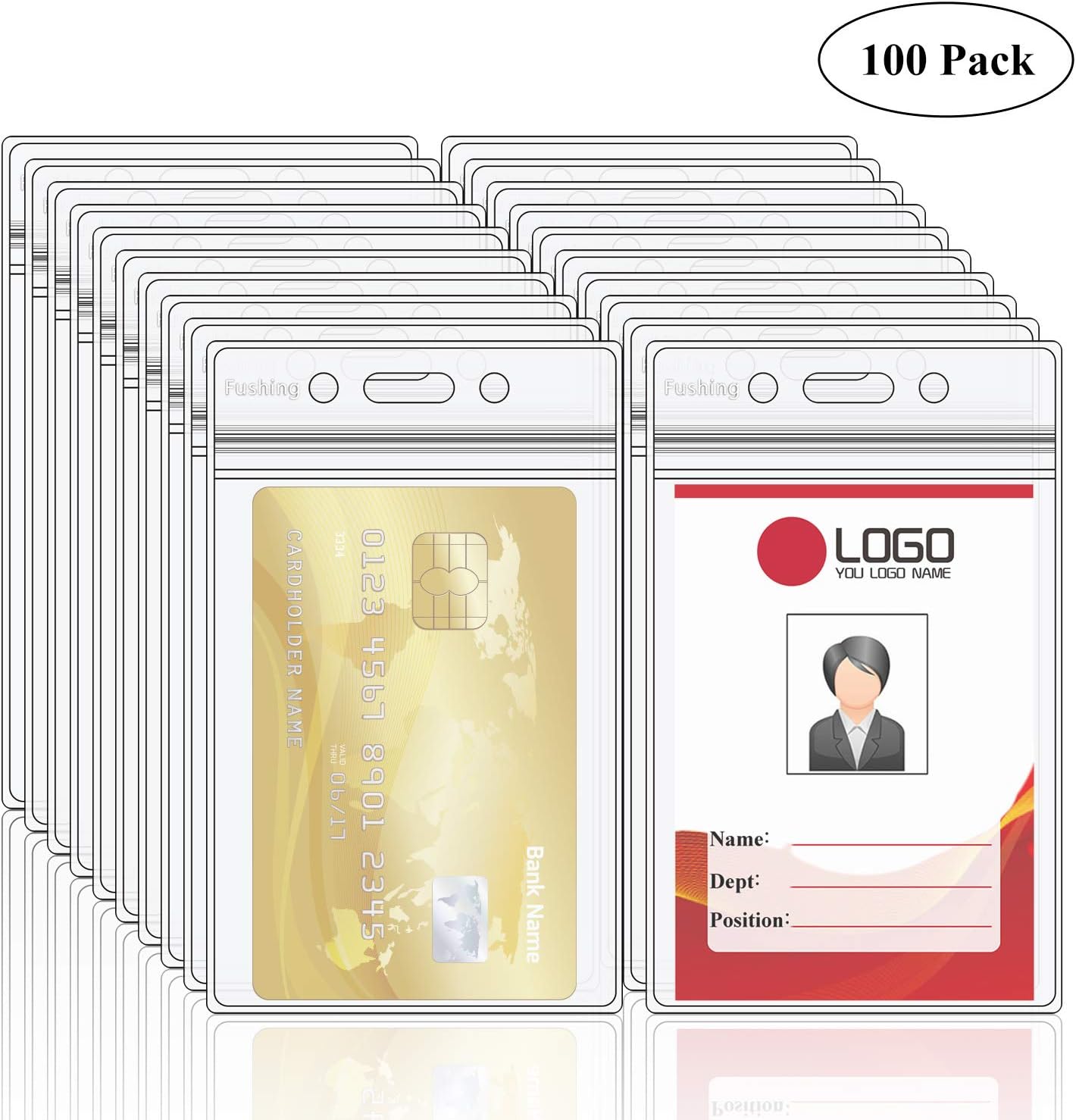 Fushing Pack of 100 Clear Plastic Vertical Badge Holders, Name Tag Holders, Card Holders (L) : Office Products