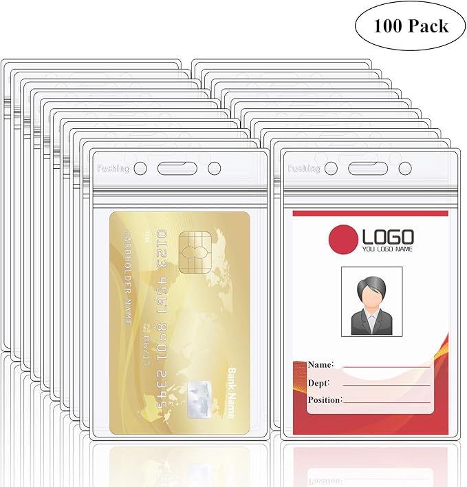 Fushing Pack of 100 Clear Plastic Vertical Badge Holders, Name Tag