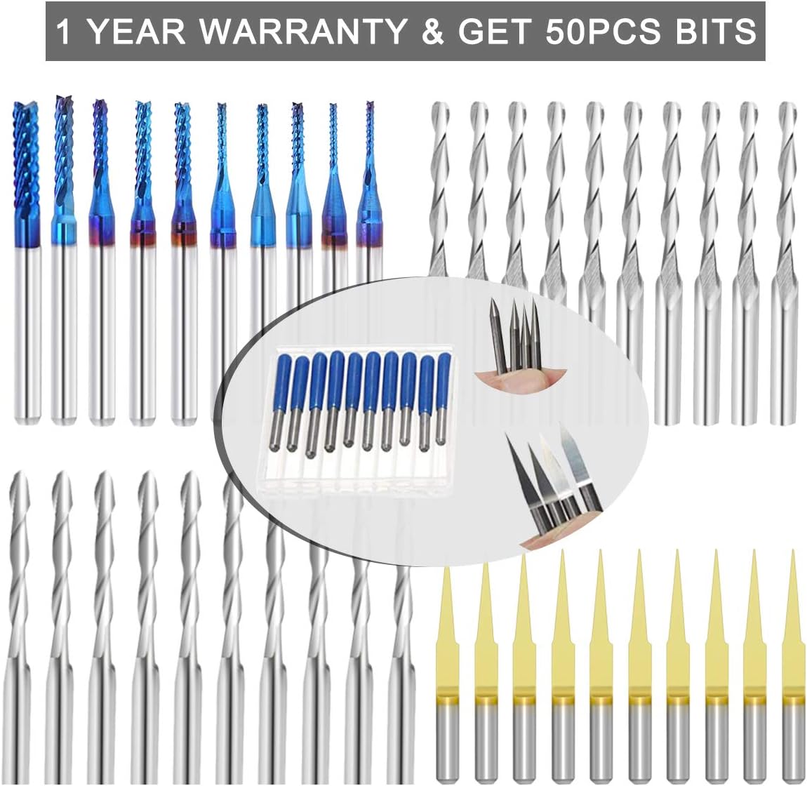 50Pcs End Mill Bits Set 1/8" Shank, CNC Router Bits Cutter Cutting Milling Tool (5 Type, Each 10Pcs) Including Flat Nose/Ball Nose End Mill, V-shape Engraving Bits and Nano Blue Coat End Mill