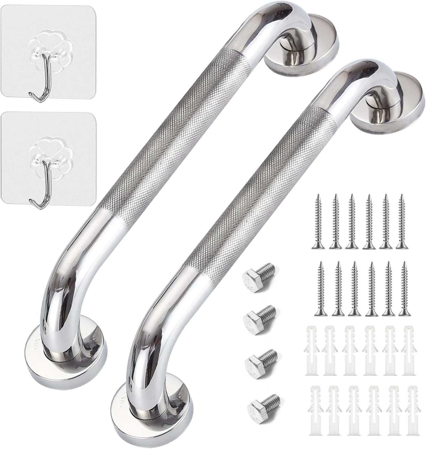 2 Pack 13inch Anti Slip Shower Grab Bar Handle, Chrome Stainless Steel Bathroom Grab Bar, Knurled Bathroom Balance Bar,Safety Hand Rail Support,Handicap Elderly Senior Assist Bath Handle