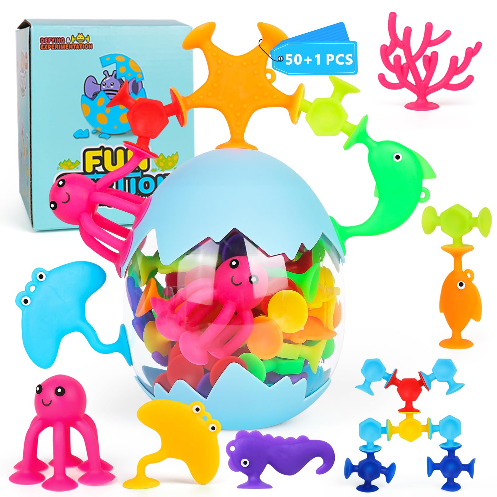 Photo 1 of 50 Pieces Suction Bath Toys for Kids Age 3+, Baby Silicone Ocean Animal Sucker Toys with Dinosaur Eggshell, Sensory Travel Window Toys for Toddlers, Stress Release Gifts for Boys Girls Ages 4-8