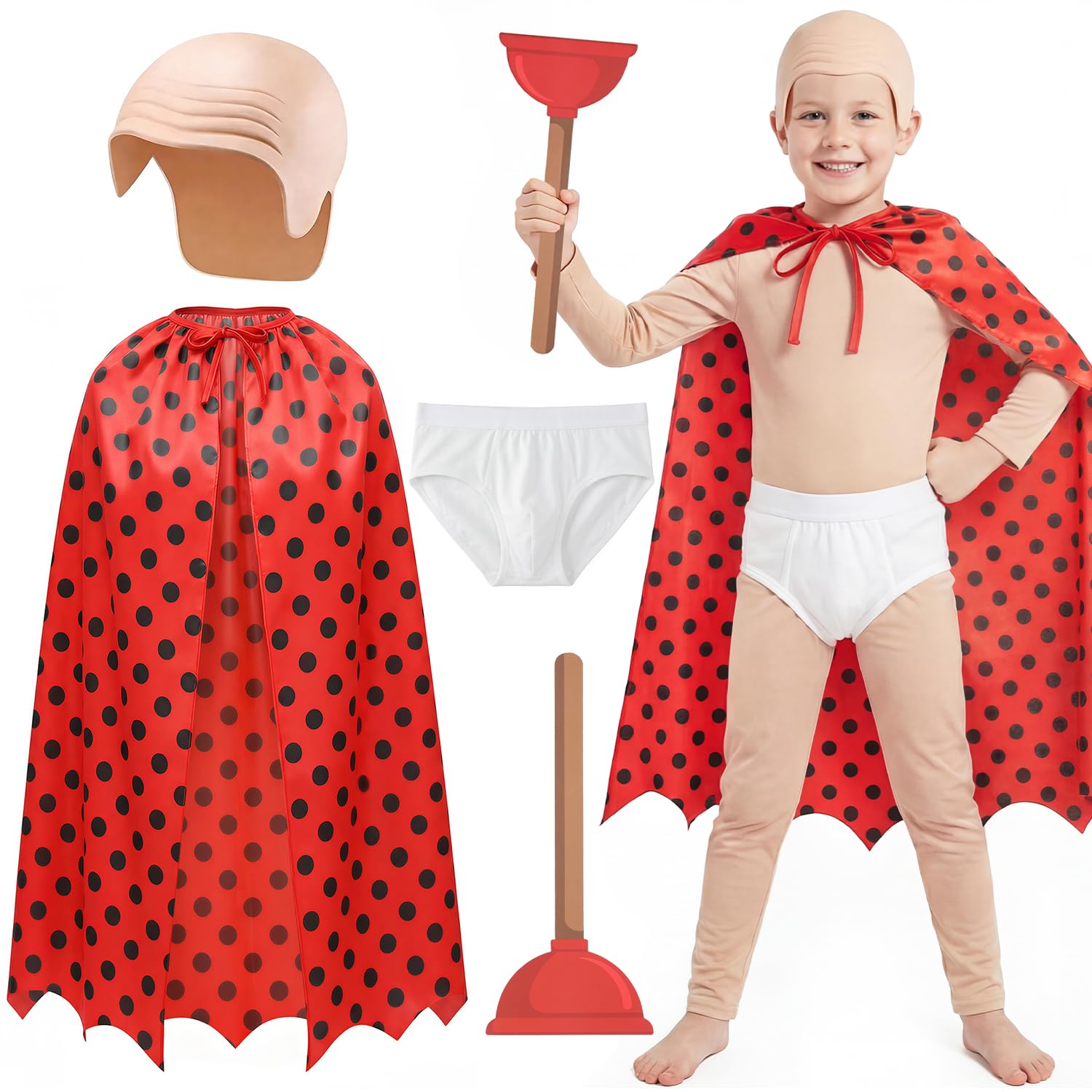 iZoeL World Book Day Underpants Superhero Costume for Kids โ Comic Style Cape Outfit with Bald Headpiece & Plunger Prop โ Funny Book Character Fancy Dress for Boys & Girls, School WBD Dress Up