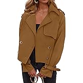 ZESICA Womens Long Sleeve Crop Trench Coat Lapel Double Breasted Loose Casual Jacket with Pockets