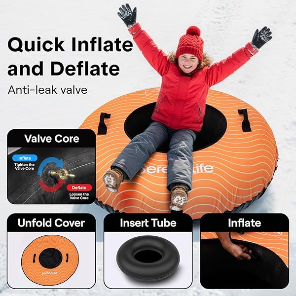SERENELIFE 48” XL SNOW TUBE FOR SLEDDING – HEAVY DUTY RUBBER INNER TUBE, OXFORD COVER, THICKENED PVC BOTTOM & TOW STRAP – INFLATABLE SNOW SLED FOR KIDS & ADULTS – PERFECT WINTER OUTDOOR FUN GIFT