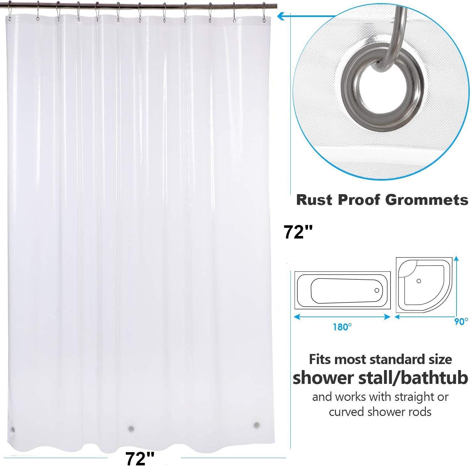 Heavy Duty Shower Curtain Liner Clear - PEVA 8G Waterproof for Bathroom, Rust Proof Grommets, 72x72 Inches, 1PC: Kitchen & Dining