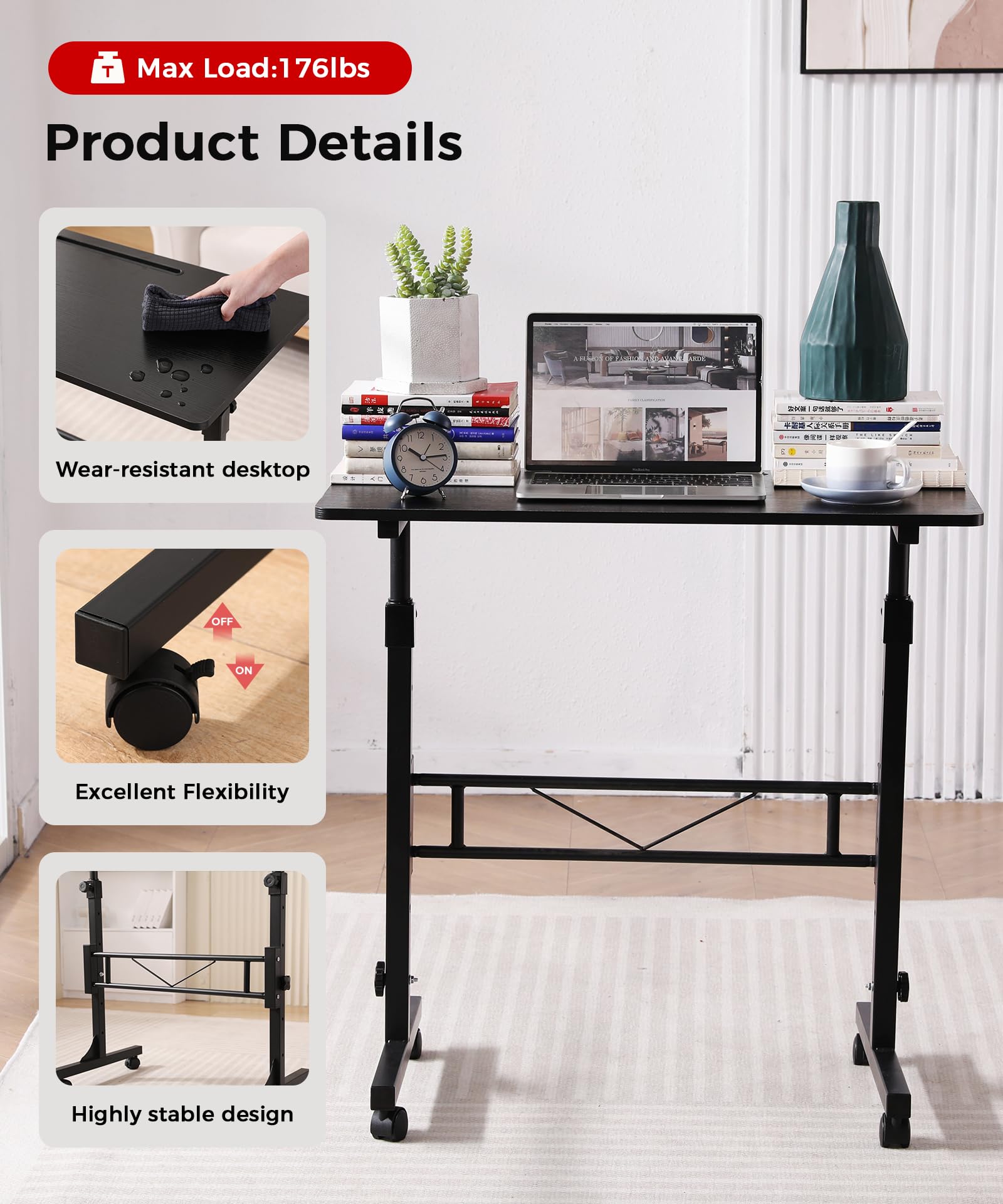 Escritorio de pie de altura ajustable, escritorios móviles con ruedas, escritorio pequeño para computadora, escritorio portátil, mesa de pie negra, soporte para sentarse, escritorios de oficina en casa, 16 x 31,5 pulgadas, altura 27 a 43,5 pulgadas