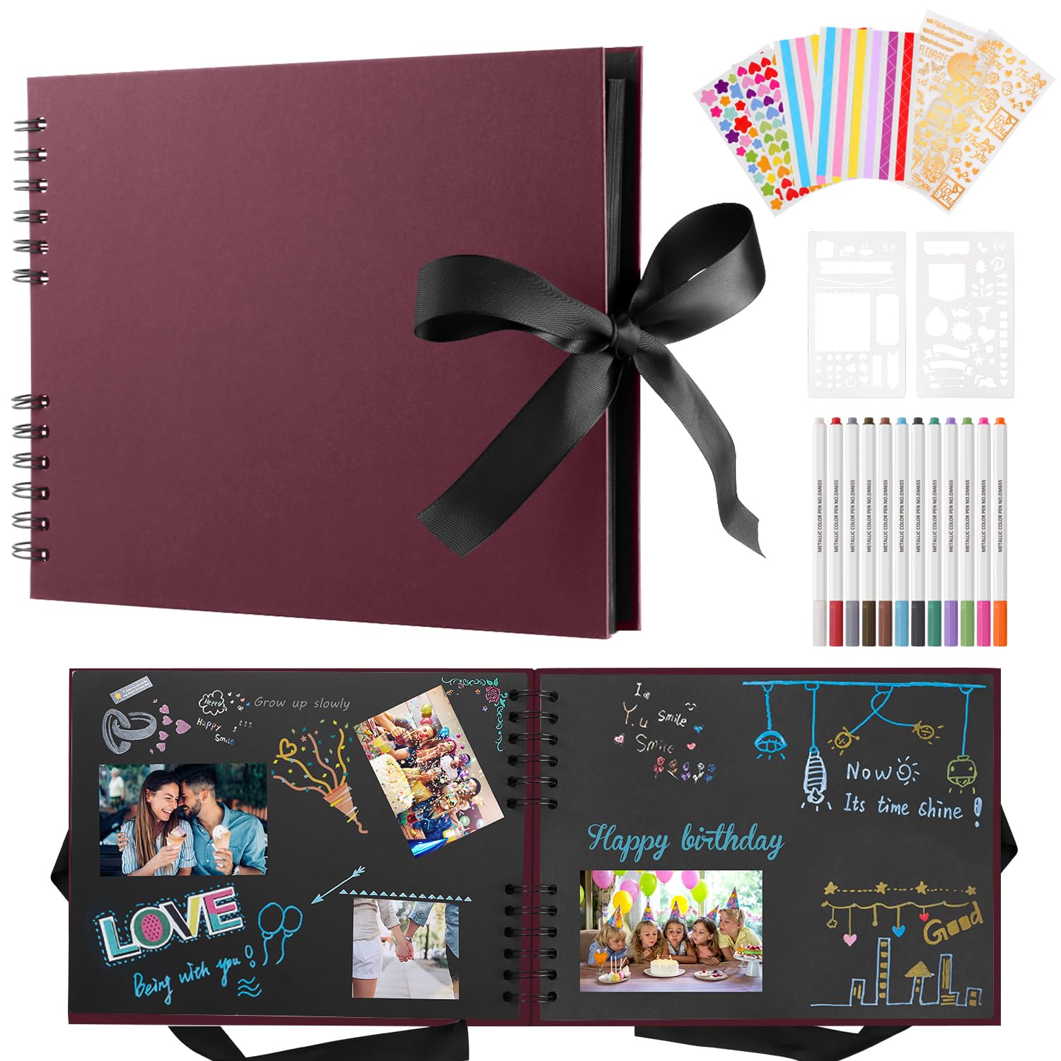 DazSpirit Photo Album Scrapbook - 80 Page DIY Memory Book with 12 Metallic Pens & 8 Photo Stickers, Holds 420 Photos - Scrapbook Kit, Perfect for Writing, Drawing, and Storing Memories(Red Wine)