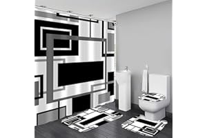 Yddsky 4 Pcs Black Geometric Shower Curtain Sets with Rugs Black Bathroom Sets with Shower Curtain and Rugs Modern Bathroom Curtains Shower Set with Toilet Lid Cover for Bathroom Decor Accessories
