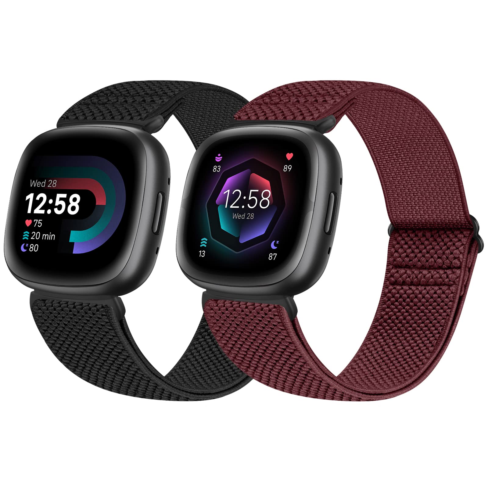 enkic 2 Pack Elastic Watch Strap - Compatible with Fitbit Versa 4/3/Sense 2/3, Adjustable Nylon Loop Sport Strap, Stretchy Replacement Wristband for Men & Women