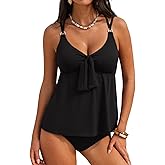 Aleumdr Women's Tankini Swimsuits Tummy Control Two Piece Bathing Suit V Neck Tie Front Flowy Swim Top with Bottom