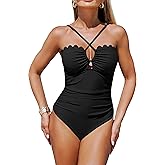 Eagerbuy Womens One Piece Swimsuits Tummy Control Slimming Scalloped Bathing Suit Sexy Cut Out Criss Cross Ruched Swimwear