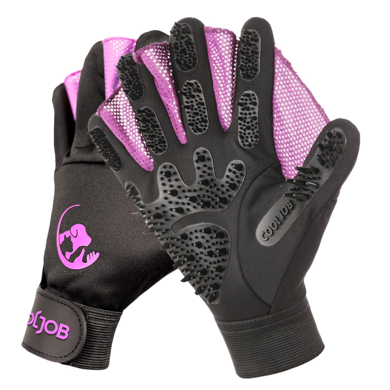 COOLJOB Pet Glove, Pet Hair Remover with Web, Reusable Washable Cleaning Massage Dog Grooming Mitt for Short Long Haired Dog Cat Horse Animal, Washing Bathing Shedding Supplies(1 Pair, Size S-M)