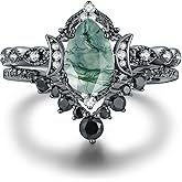 IRROYA Black Gold Plated Natural Moss Agate Bridal Wedding Ring Sets for Women, 925 Sterling Silver Gothic Vintage Promise Rings and Eternity Black Spinel Band for Her - Boho Art Deco Platinum Plated Engagement Rings Size 4-9