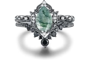 IRROYA Black Gold Plated Natural Moss Agate Bridal Wedding Ring Sets for Women, 925 Sterling Silver Gothic Vintage Promise Rings and Eternity Black Spinel Band for Her - Boho Art Deco Platinum Plated Engagement Rings Size 4-9