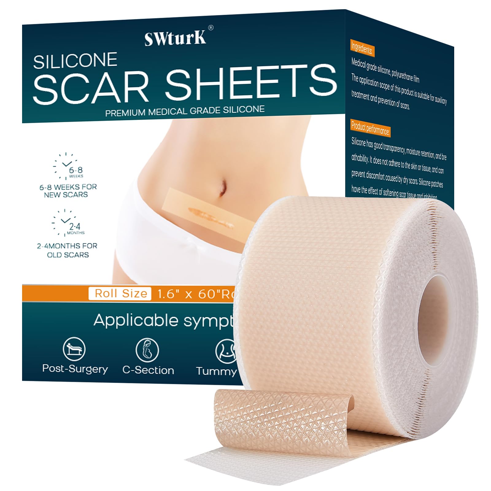 Photo 1 of **PARTIAL SET 10-15% LEFT** SWturK Silicone Scar Sheets,Silicone Scar Tape for Removal Treatment,Medical Grade Scar Tape for Surgical Scars,C-Section,Tummy Tuck,Scar Removal Away(1.6" x 60" Roll - 1.5M) Keloid Bump Removal?1PC
