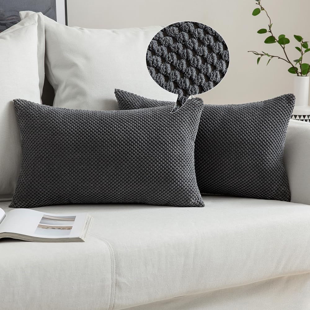MIULEE Corduroy Cushion Cover Fabric Granule Throw Pillow Case Square Solid Home for Sofa Chair Couch Bedroom Decorative Pillowcases with Invisible Zipper 2 Pieces Dark Grey 40x60cm 16x24 Inch