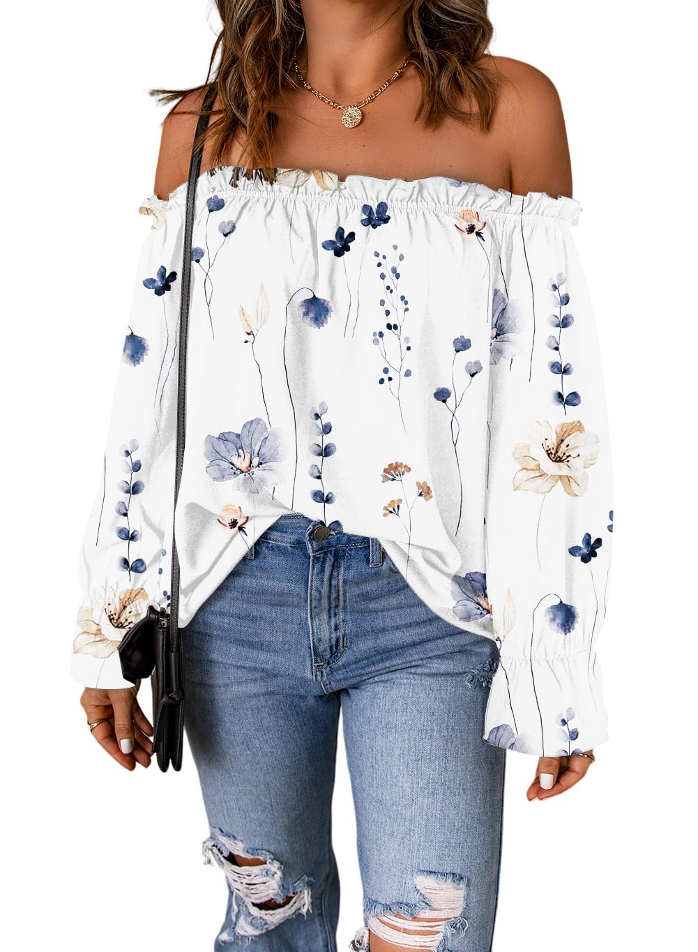 Photo 1 of ** STOCK PHOTO SIMILAR NOT EXACT**Spriolim Floral Shirt for Women Fashion Ruffle Blouse Long Sleeve Loose Chiffon Tops White, Medium