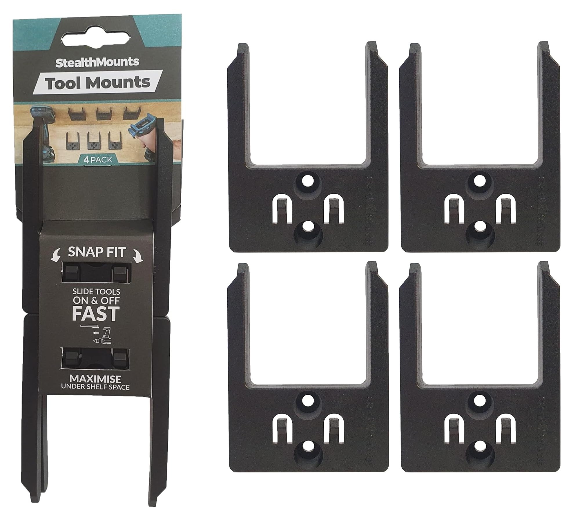 StealthMounts Black Tool Mounts Compatible with 40V Tools – 4 Pack Wall Holders for Cordless Power Tool Storage & Organisation | Snap Fit Locking Design | Made in the UK