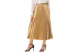 Allegra K Women Pleated Skirt Midi Length Elastic High Waisted A Line Metallic Shirring Party Skirts