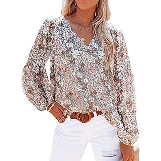SHEWIN Women's Casual Boho Floral Print V Neck Long Sleeve Loose Blouses Shirts Tops