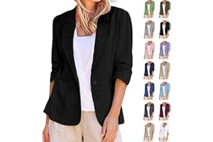 CETHRIO Linen Blazer Women Summer Lightweight Button 3/4 Sleeve Blazers for Women Business Casual Suit Jacket with Pockets