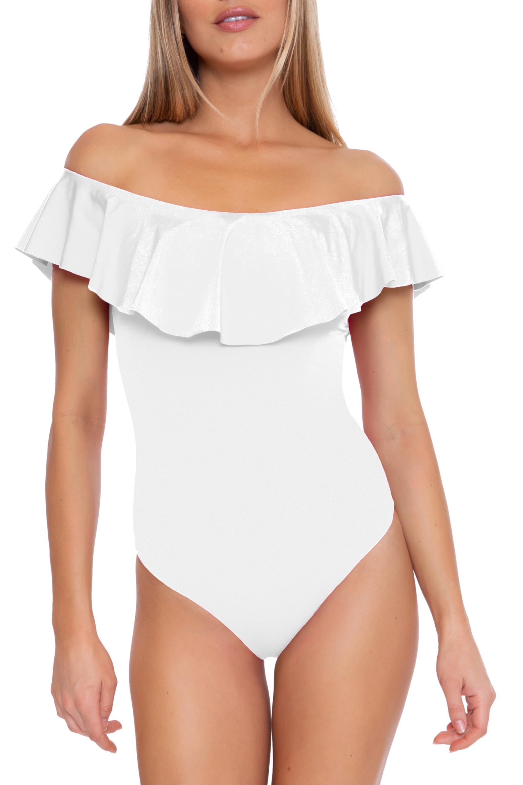 Trina Turk Women’s Standard Ruffle One Piece Swimsuit, Off Shoulder, Bathing Suits, White, 4
