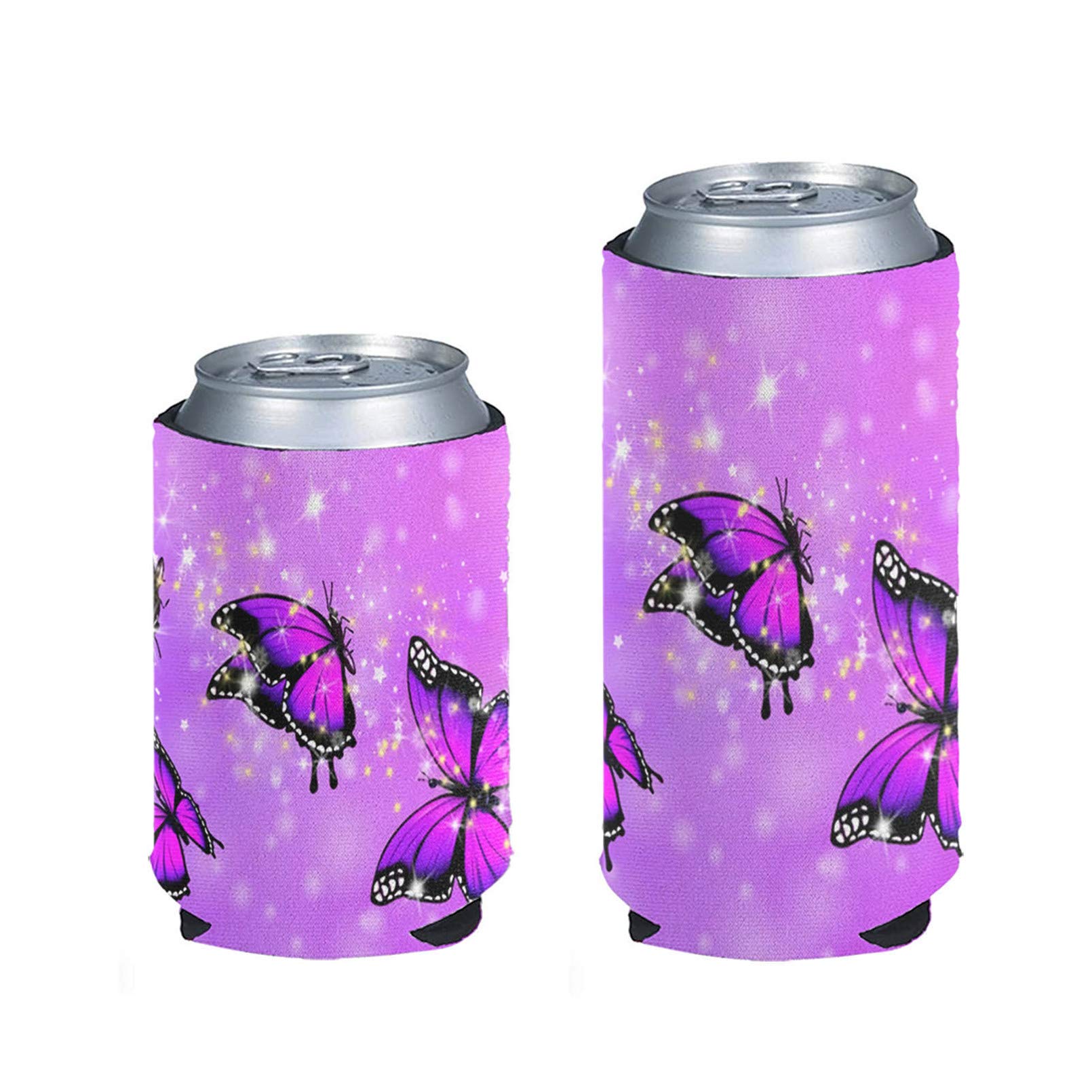Pizding Bling Purple Butterfly Can Cooler Coozie Sleeve Blank for 12, 16, 24 oz, Drinking Bottles Cans Standard Holders Can Cooler Cover,for Outdoors,Park,Sporting Events,BBQs,Picnic 2 Pack
