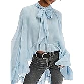 Women's Ruffle Long Sleeve Sheer Blouse See Through Self Tie Neck Chiffon Top Flowy Shirt with High Low Hem