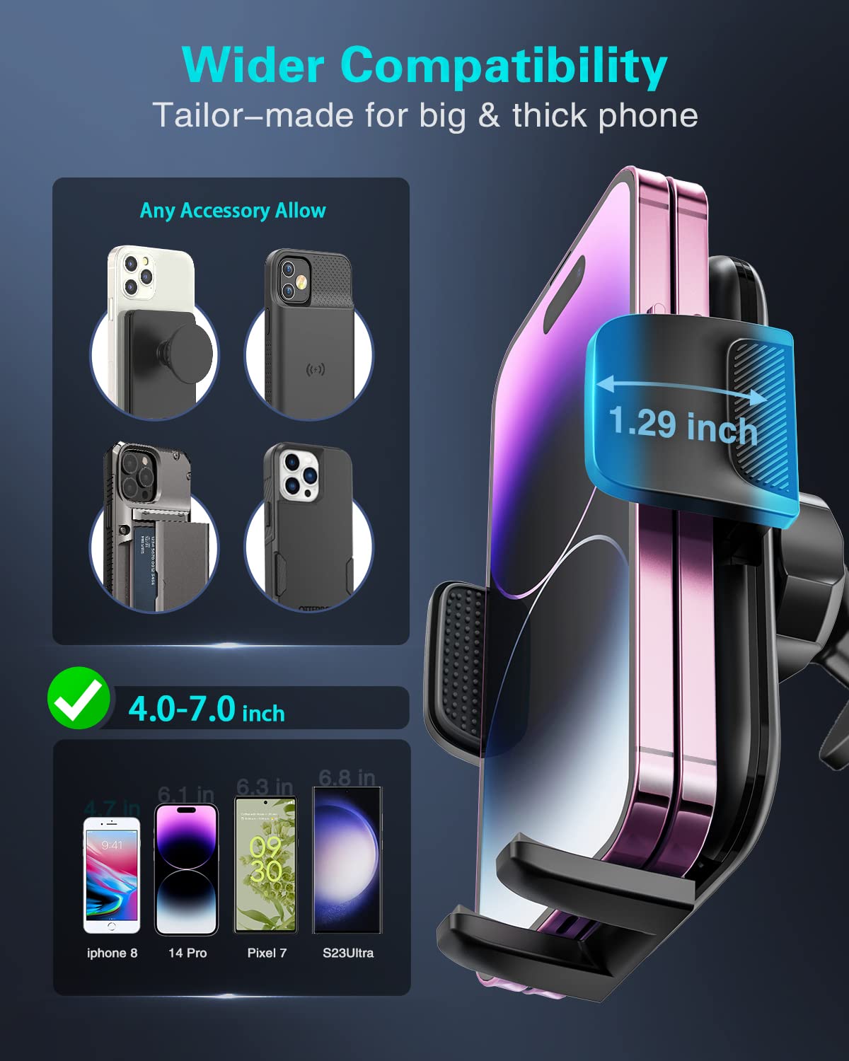 volport Cell Phone Mount for Car [Universal for iPhone Wallet & Thick Case] Military Suction Car Phone Holder for Dashboard & Windshield, Air Vent Clip with Deep Wide Clamp for Big Heavy Cellphone
