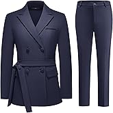 Lamgool Women Double Breasted Suit with Belt Business Casual 2 Pcs Blazer Jacket with Pants Set