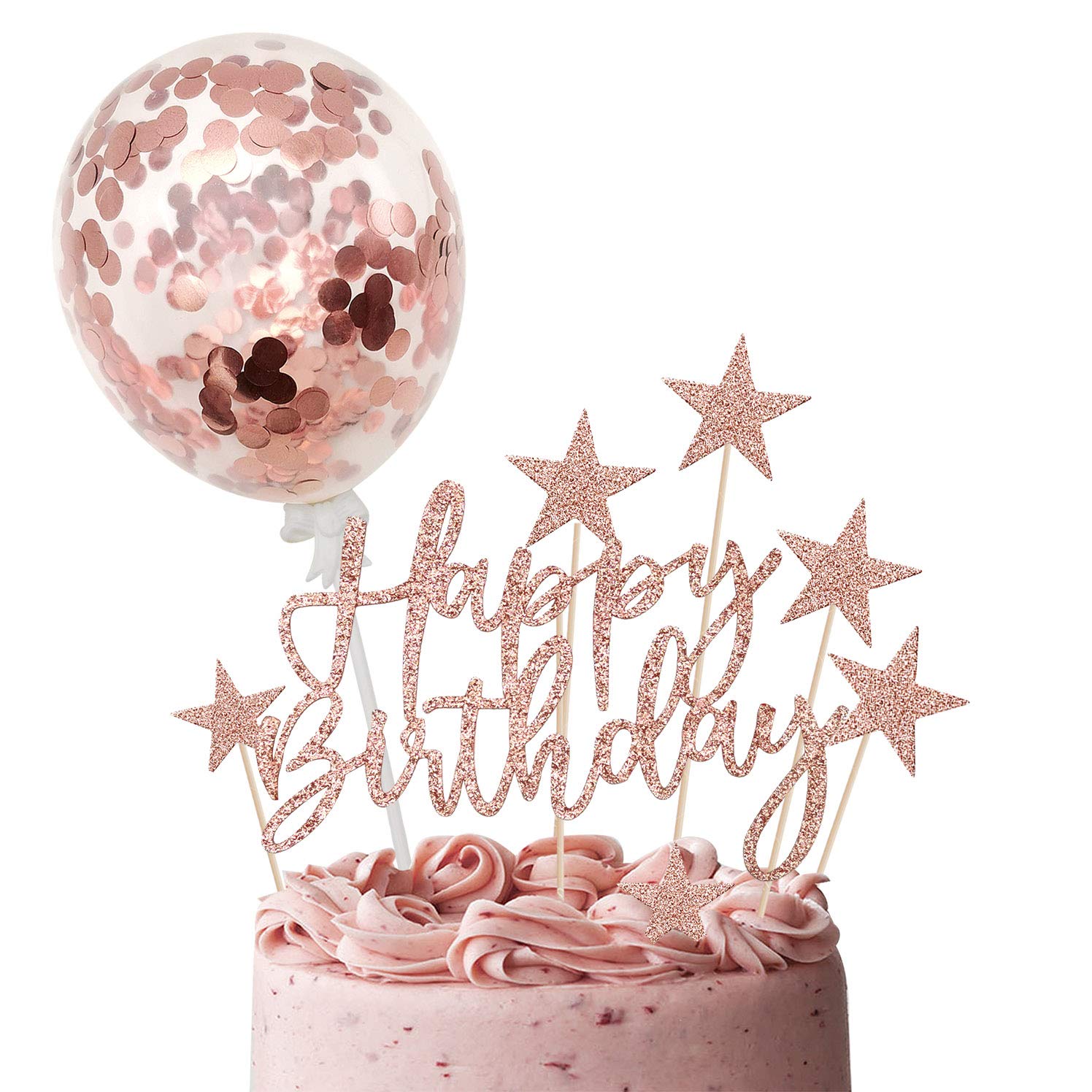 iZoeL Cake Decoration Rose Gold Happy Birthday Stars Topper Confetti Balloon Cake Decoration Birthday Decoration Girls Women