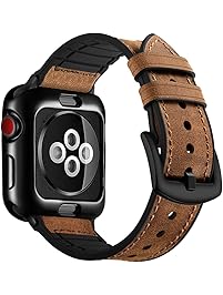 OUHENG Compatible for Apple Watch Band with Case 42mm, Sweatproof Genuine Leather and Rubber Band with Soft TPU Case iWatch Band Strap Compatible for Apple Watch Series 3 2 1 Sport Edtion, Brown