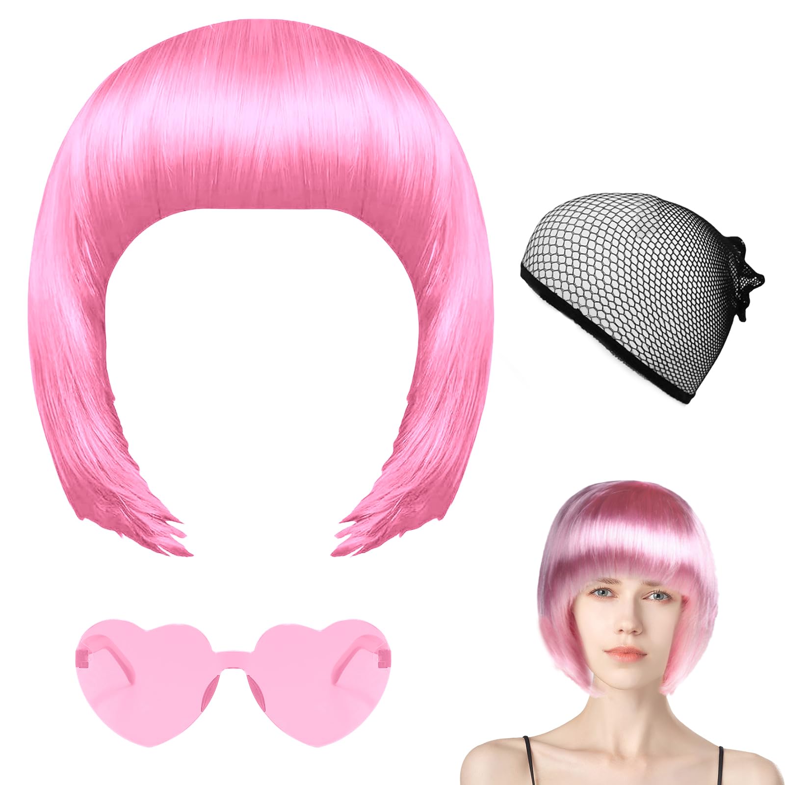Pink Bob Wig Set with Sunglasses, Wig Cover, for Cosplay & Parties