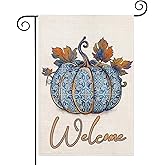 Fukeen Welcome Pumpkin Fall Decorative Garden Flag Blue Pumpkin and Maple Leaves Autumn Harvest Outside Decorations Farmhouse Thanksgiving Yard Outdoor Decoration 12.5x18 Inch Double Sided