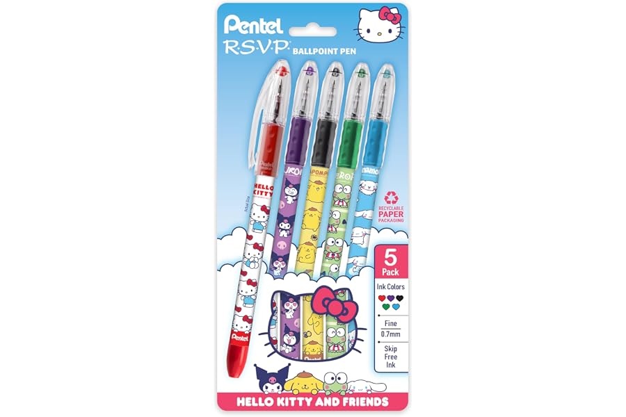 Pentel RSVP Ballpoint Pen, Hello Kitty® and Friends, Limited Edition, Mix 1, 0.7mm Fine Line, Assorted Ink, 5-Pk (BK90HKPF5M)