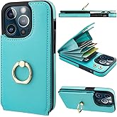 Folosu Compatible with iPhone 13 Pro Case Wallet with Card Holder, 360°Rotation Finger Ring Holder Kickstand Protective RFID Blocking PU Leather Double Buttons Flip Shockproof Cover 6.1 Inch Green