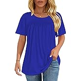 Womens T Shirts Short Sleeve Tops Casual Pleated Front Blouses Flowy Scooped Neck Summer Outfits