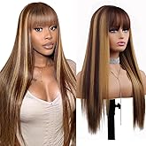 Puoonn Blonde Highlight Wig with Bangs for Women Long Blonde Mix Brown Straight Wigs Natural Looking Heat Resistant Synthetic Wig for Daily Party Use