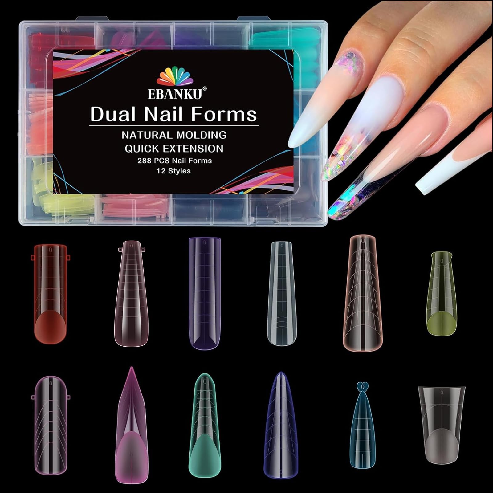 EBANKU 288 PCS Poly Gel Nail Forms, Reusable Dual Forms for Polygel Multicolor Nail Mold Acrylic Nail Extension Tool for Home Salon Nail Manicure, 12 Styles