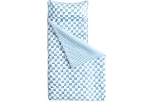 Wake In Cloud - Toddler Nap Mat with Pillow and Minky Fleece Blanket, for Kids Boys Girls in Daycare Preschool Kindergarten, Roll Up Sleeping Bag, Gingham Grid Checkered, Blue White, Standard