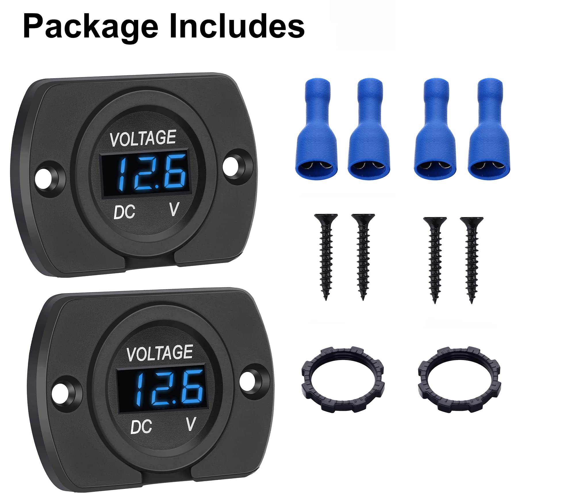 CrocSee 2 Pack DC 12V 24V Waterproof Car Voltmeter LED Digital Display Panel, Round Voltage Gauge with Terminals for Car/Motorcycle/Travel Trailer/Truck/Boat/ATV/UTV (Blue LED Display)