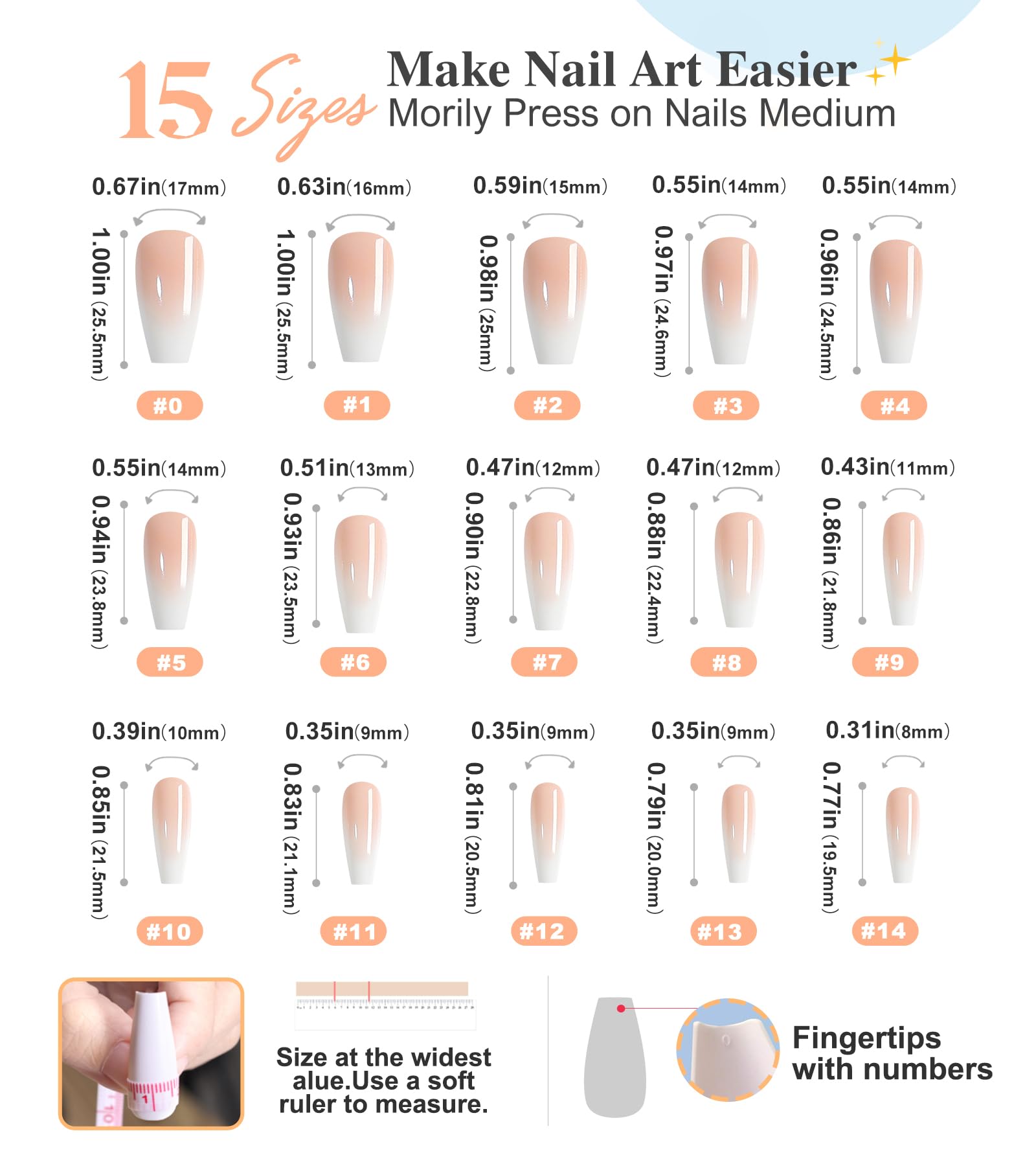 Morily Press on Nails - Pink Ombre Coffin Fake Nails Medium Length, French Tip Glossy False Stick on Fingernails for Women - 24Pcs in 12 Sizes - Image 6