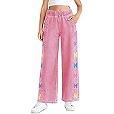 Haloumoning Girls Butterfly Print Jeans Kids Elastic Waist Wide Leg Denim Baggy Pants with Pockets 5-14Y