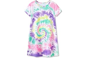 Tebbis Teen/Little Girls Nightgown – Summer Short Sleeves Sleepwear Trendy Tie Dye Spiral Nightdress Pajama Size 6-16
