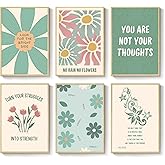 6 Pcs Mental Health Wall Art Psychology Therapy Motivational Quotes Painting Picture Wall Decor Green Boho floral Poster Print Artwork for Bedroom Office Home Decoration Unframed