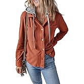 HERILIOS Womens Long Sleeve Button Down Shirt Corduroy Shacket Jacket Casual Fall Solid Short Hooded Coats