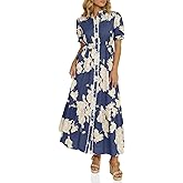 Wenrine Womens Casual Shirt Dress Floral Collared Short Sleeve Button Down Drawstring Waist Loose Summer Maxi Dresses