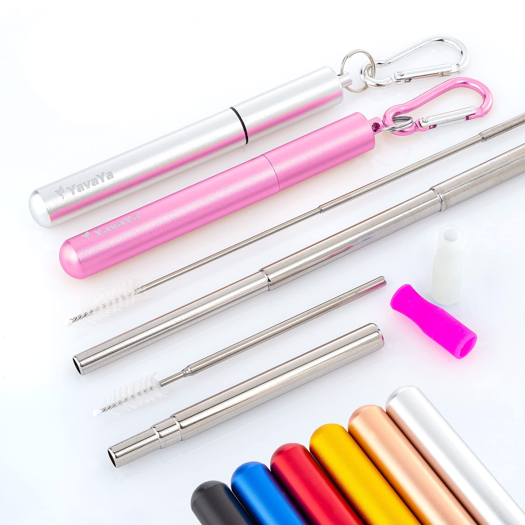 YavaYa Stainless Steel Straw, Reusable Telescope, Set of 2, Cleaning Brush, Carabiner, Aluminium Case, Silicone Tips, Stylish Metal Drinking Straw, Easy Cleaning, eBook