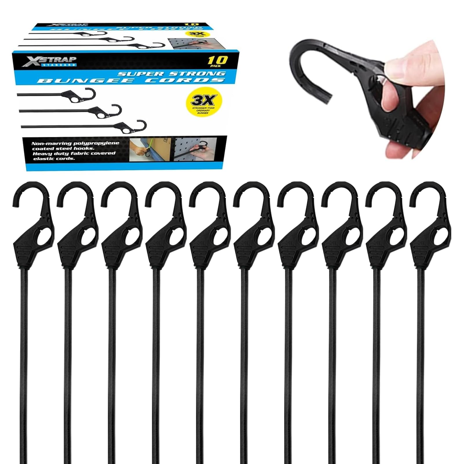 XSTRAP 10 pcs Bungee Cords with Finger-Hole Design Ensures 3-Time Strength, Comes in A Zippered Storage Bag, Elastic from 48 Inch (Black)